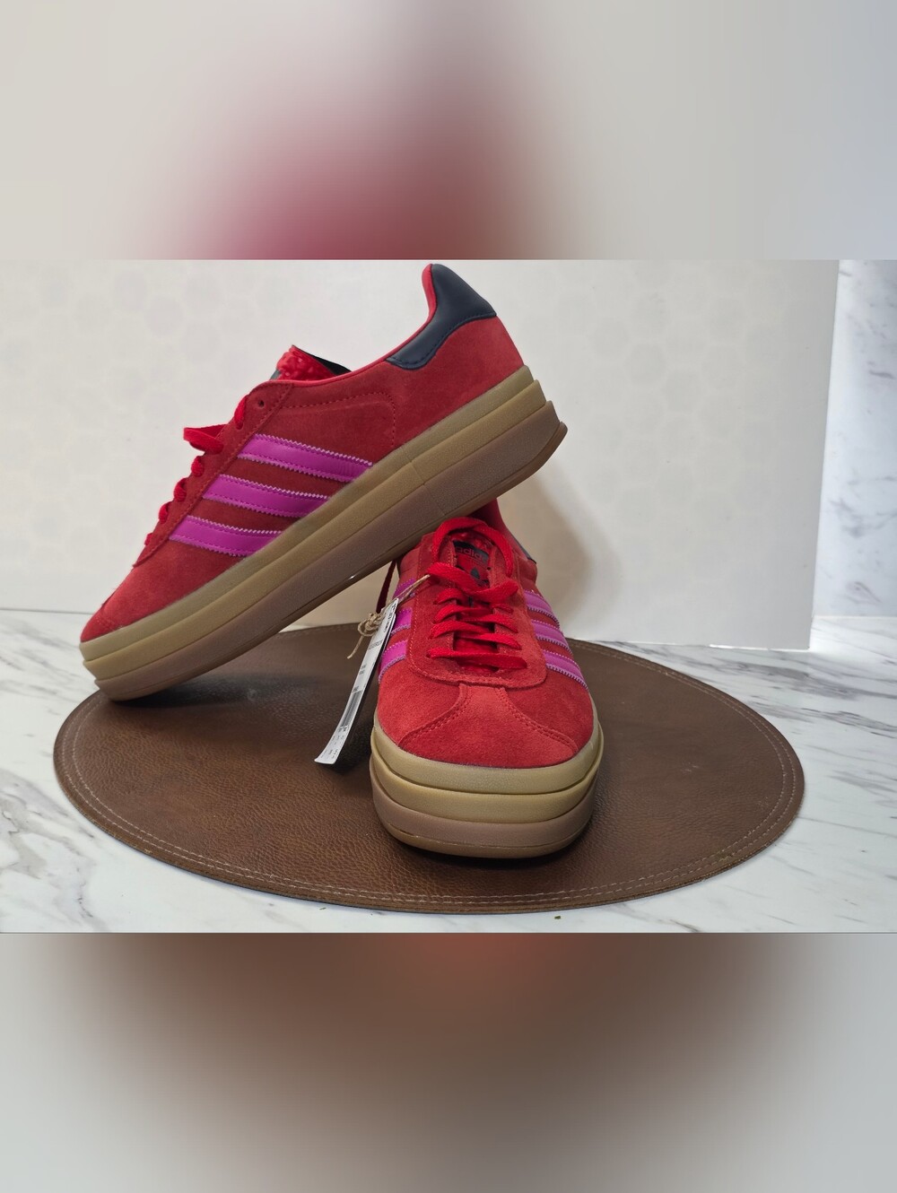 adidas Gazelle Platform Sneakers in Red with Pink Stripes - Picture 7 of 9